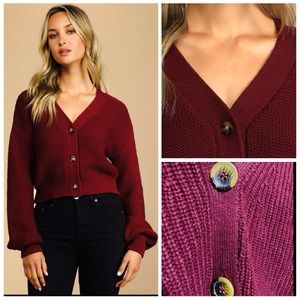 Urban Outfitter Knit Cotton Blend Oversized Cropped Cardigan Sweater XS Burgundy